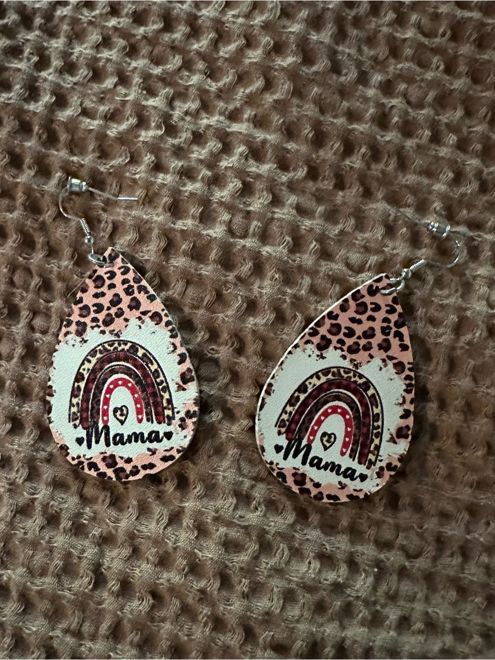 Mama Leopard Print Teardrop Rainbow Earrings - Pink/Brown